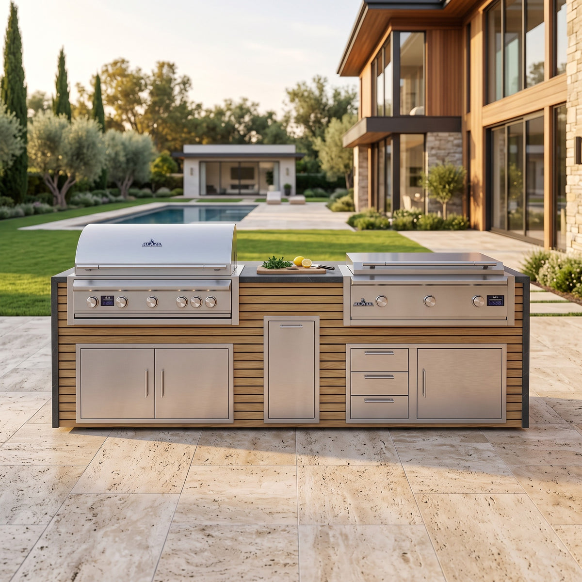 Warmed Acacia grill and griddle island with Charred Onyx granite top on a travertine patio beside a wood and glass home with the pool and pool house