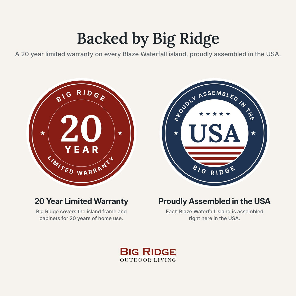 Big Ridge 20 year limited warranty badge next to a Proudly Assembled in the USA badge