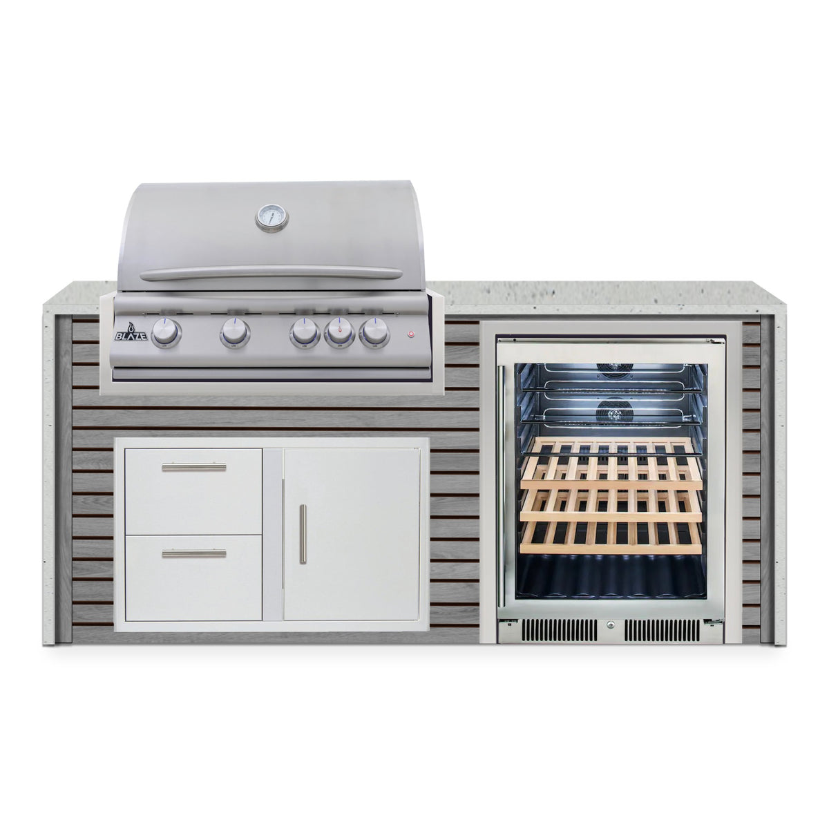 Front view of the Drifted Cypress and Frosted Ember 6 ft island with Blaze grill, door and drawer combo and beverage cooler