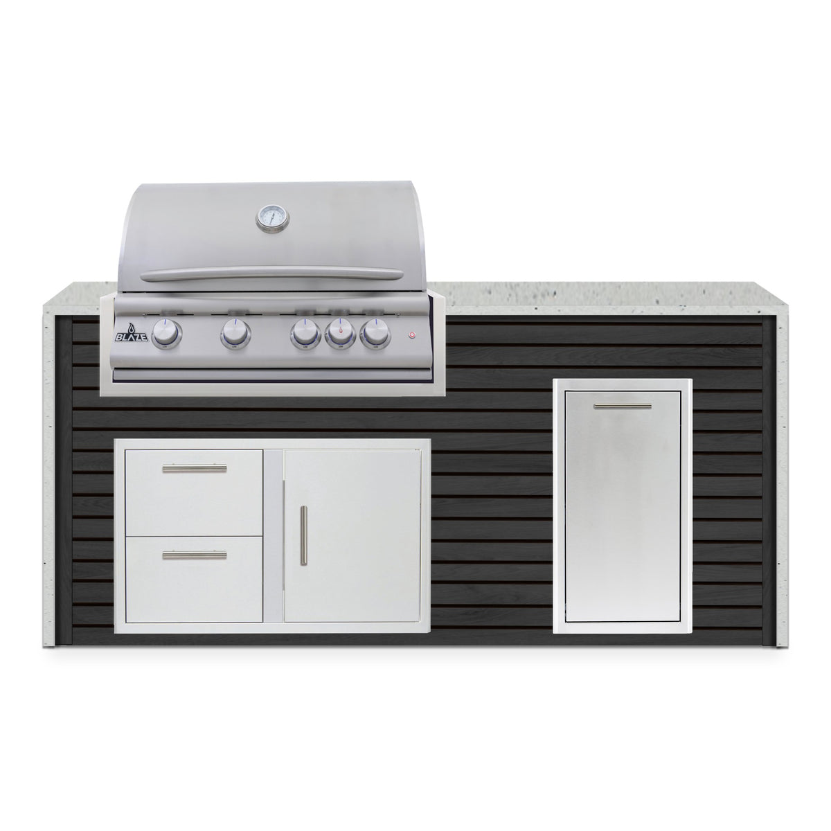 Front view of the Cindered Ash and Frosted Ember 6 ft island with Blaze grill, door and drawer combo and roll out trash drawer