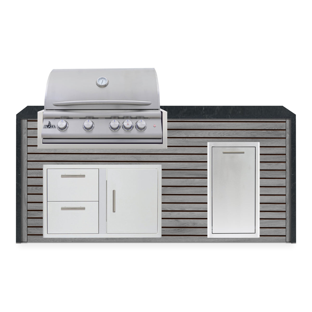 Front view of the Drifted Cypress and Charred Onyx 6 ft island with Blaze grill, door and drawer combo and roll out trash drawer