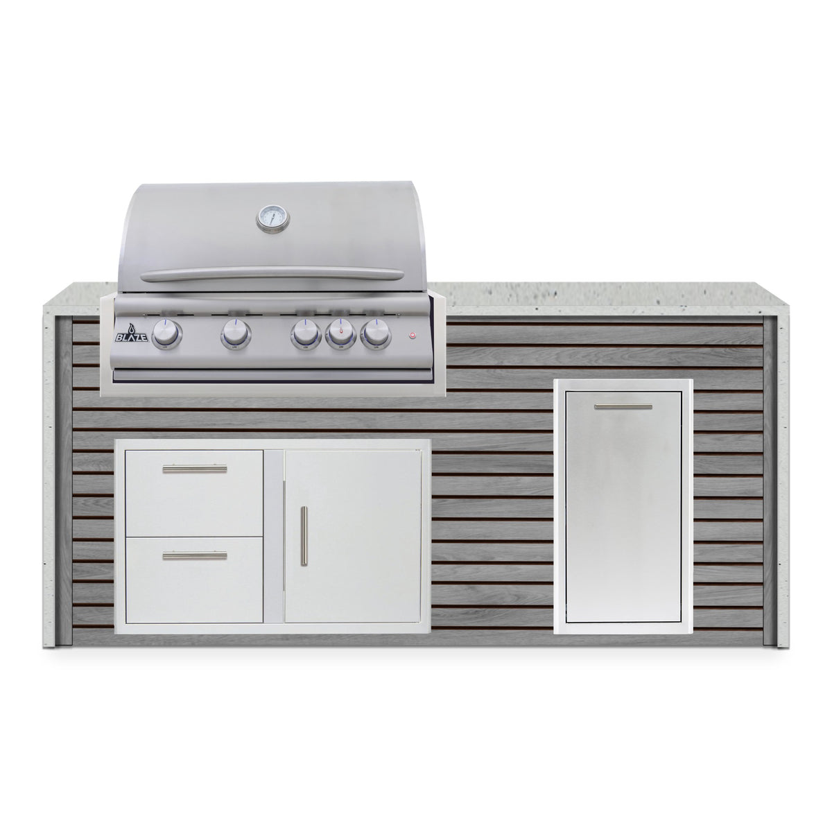 Front view of the Drifted Cypress and Frosted Ember 6 ft island with Blaze grill, door and drawer combo and roll out trash drawer