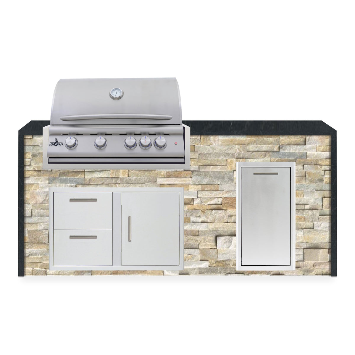Front view of the Sunkissed Dune and Charred Onyx 6 ft island with Blaze grill, door and drawer combo and roll out trash drawer