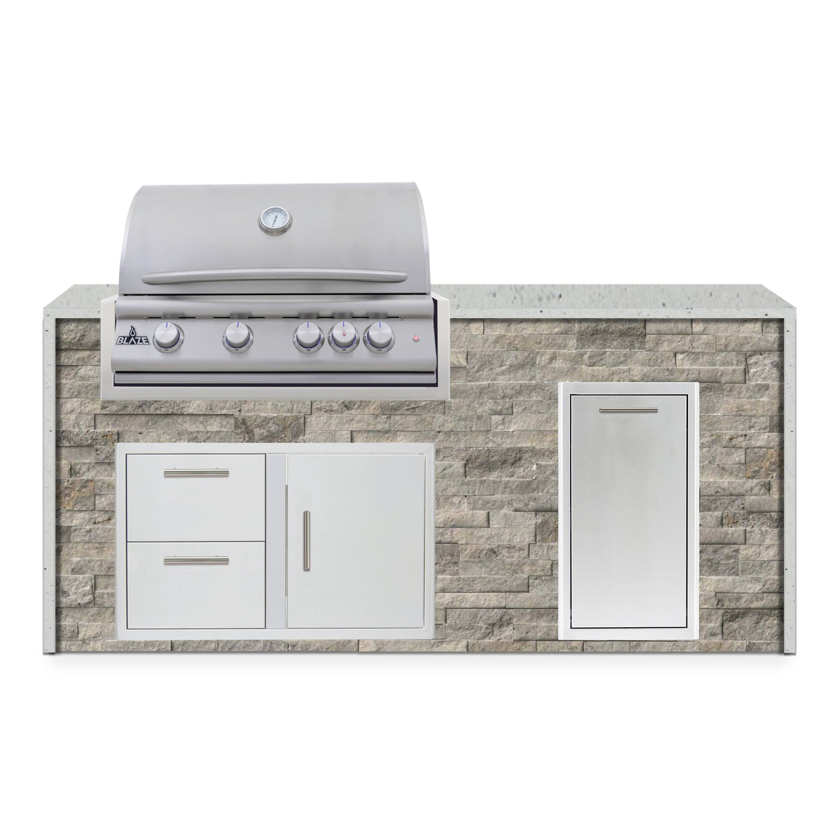 Front view of the Tuscan Hearth and Frosted Ember 6 ft island with Blaze grill, door and drawer combo and roll out trash drawer