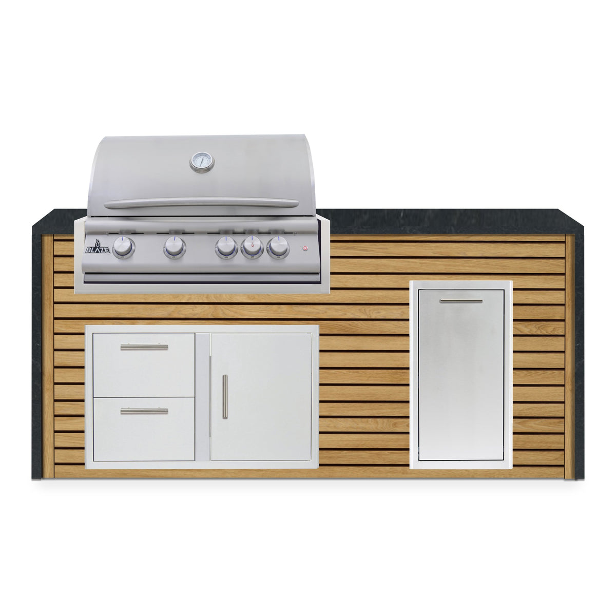Front view of the Warmed Acacia and Charred Onyx 6 ft island with Blaze grill, door and drawer combo and roll out trash drawer