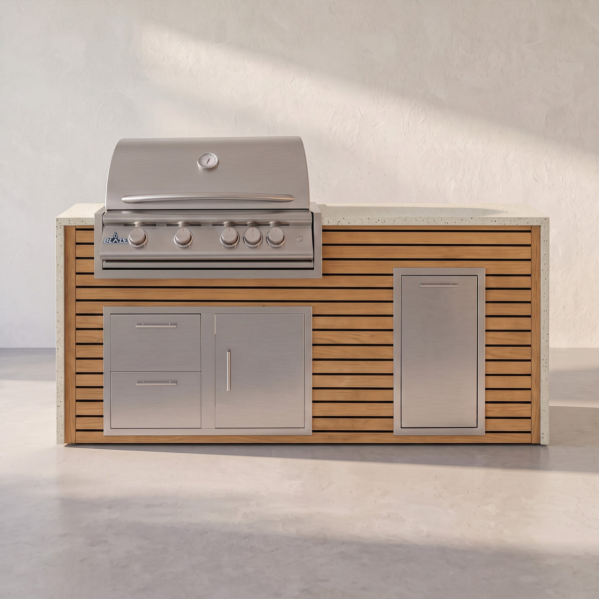 Big Ridge 6 ft Blaze waterfall outdoor kitchen with trash drawer in Warmed Acacia Artisan Plank with Frosted Ember granite