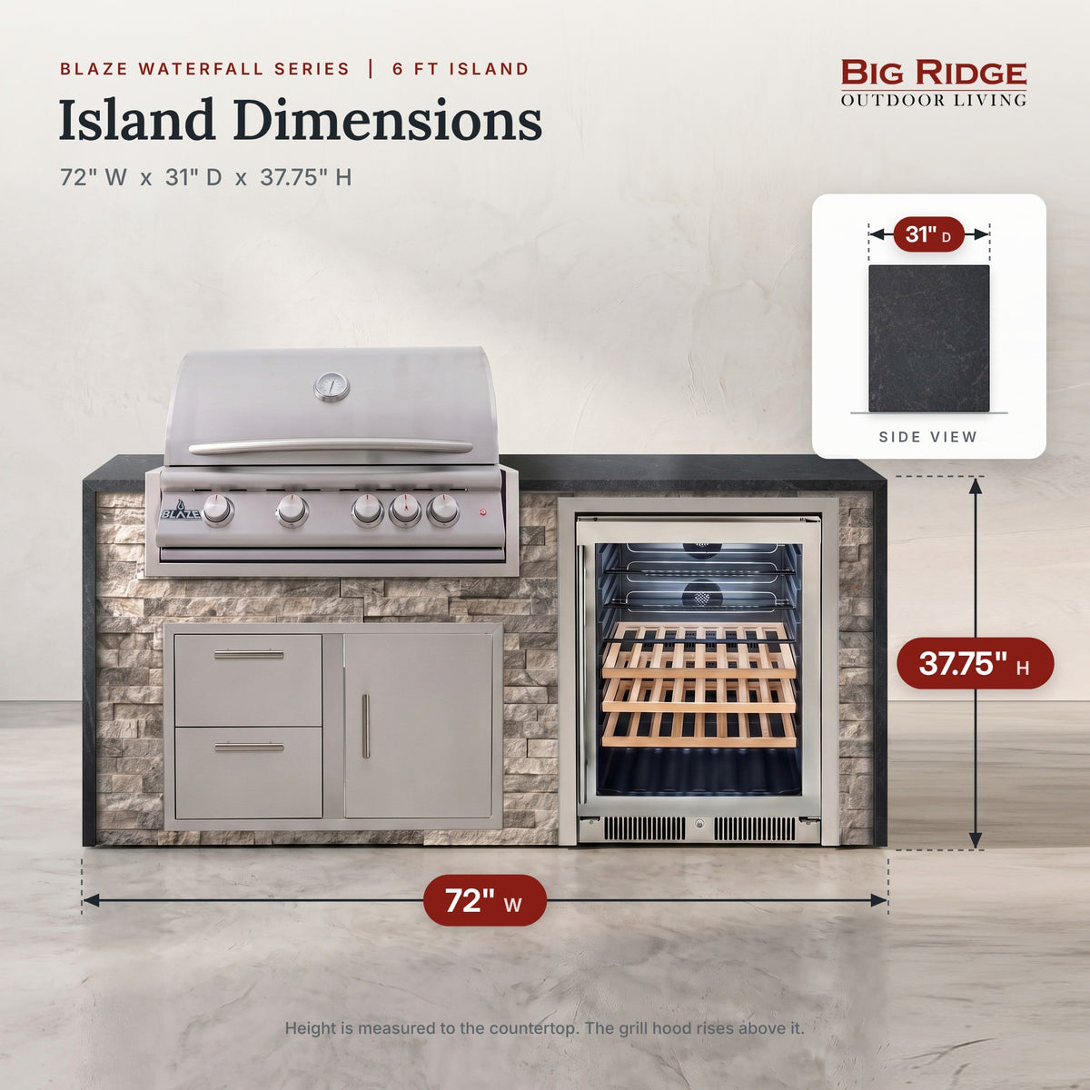 6 ft outdoor kitchen measures 72 inches wide, 31 inches deep and 37.75 inches high to the countertop