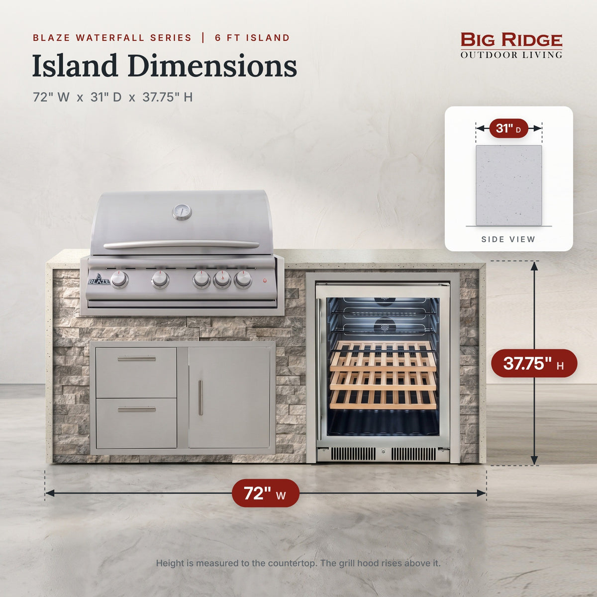 6 ft outdoor kitchen measures 72 inches wide, 31 inches deep and 37.75 inches high to the countertop