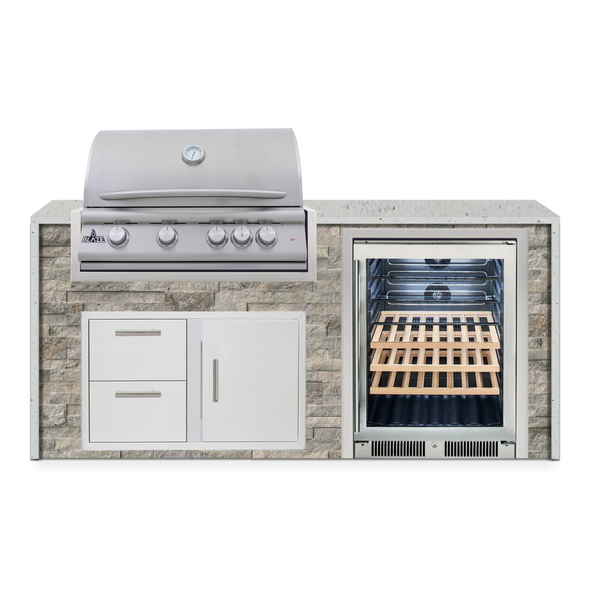 Front view of the Tuscan Hearth and Frosted Ember 6 ft island with Blaze grill, door and drawer combo and beverage cooler