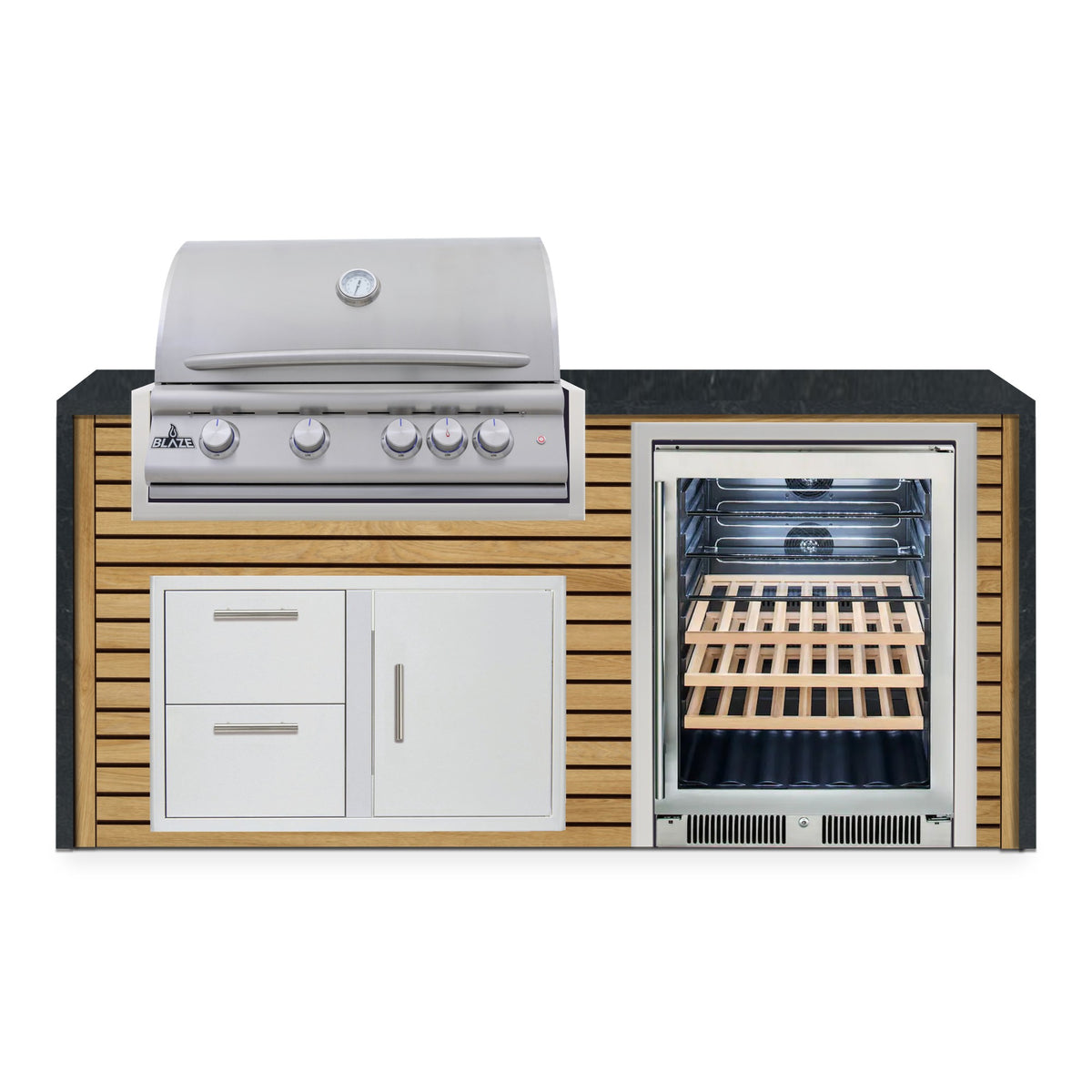 Front view of the Warmed Acacia and Charred Onyx 6 ft island with Blaze grill, door and drawer combo and beverage cooler