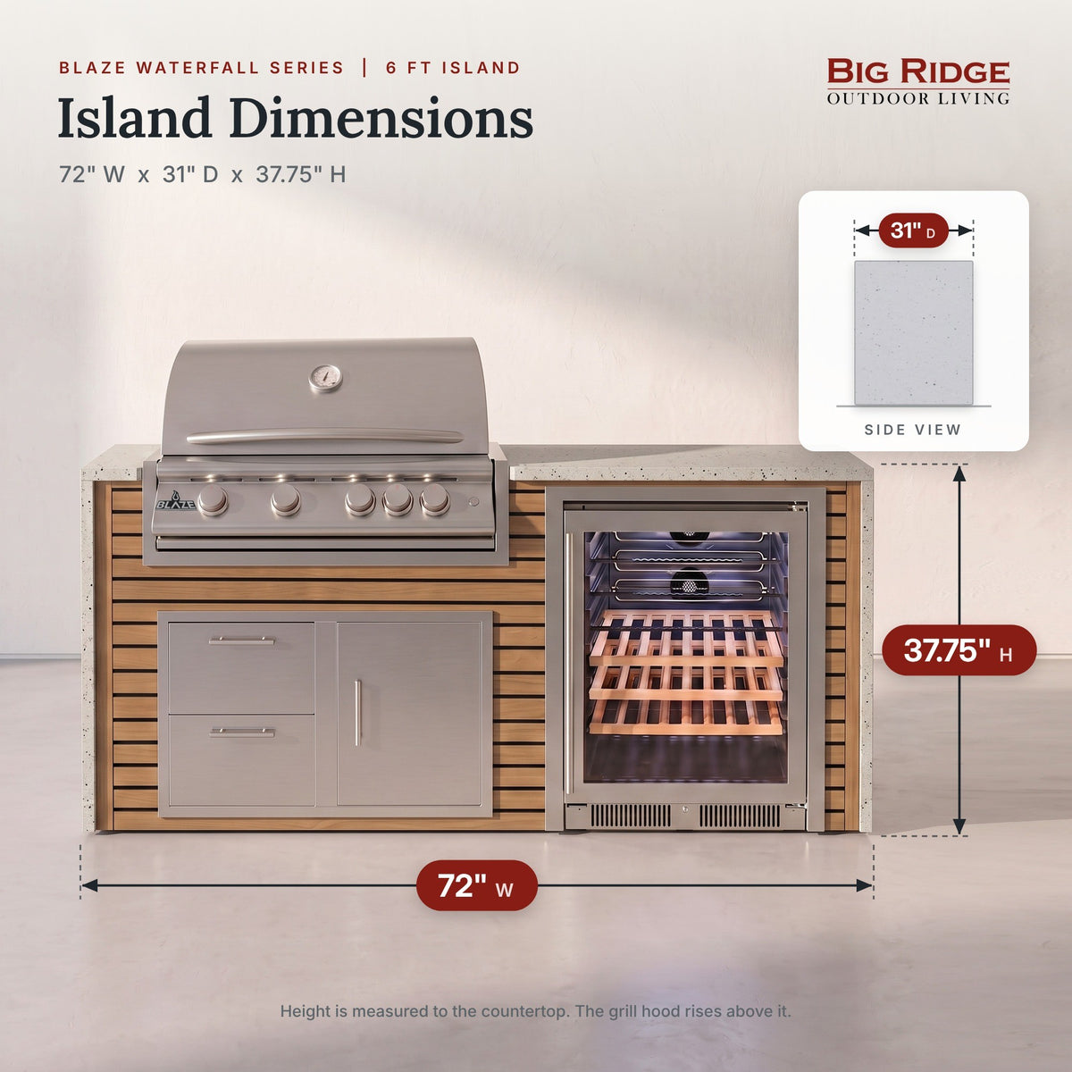 6 ft outdoor kitchen measures 72 inches wide, 31 inches deep and 37.75 inches high to the countertop