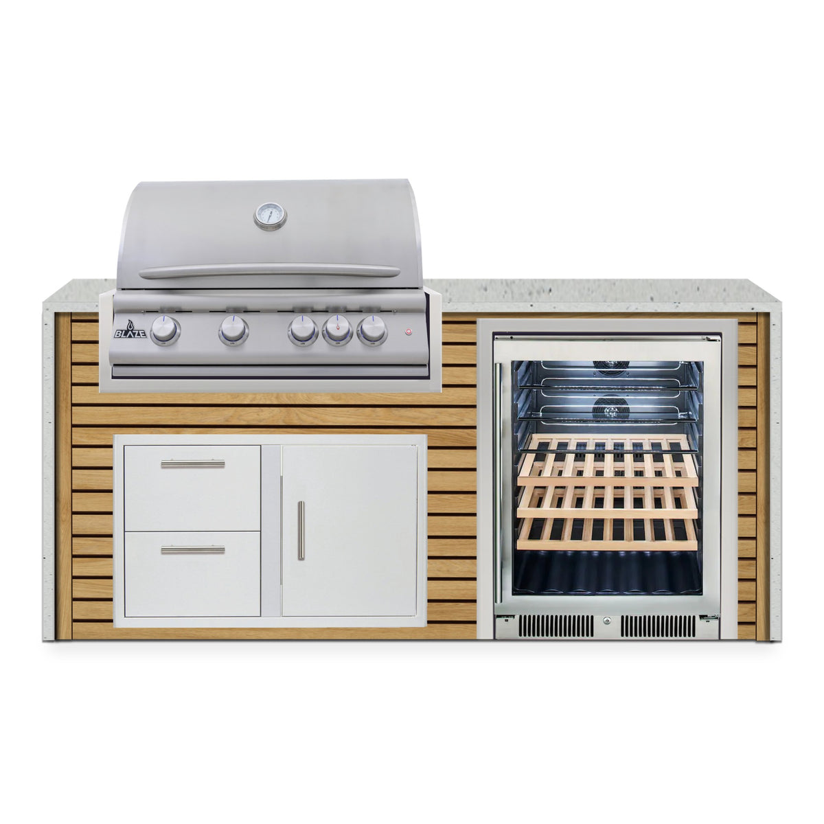 Front view of the Warmed Acacia and Frosted Ember 6 ft island with Blaze grill, door and drawer combo and beverage cooler