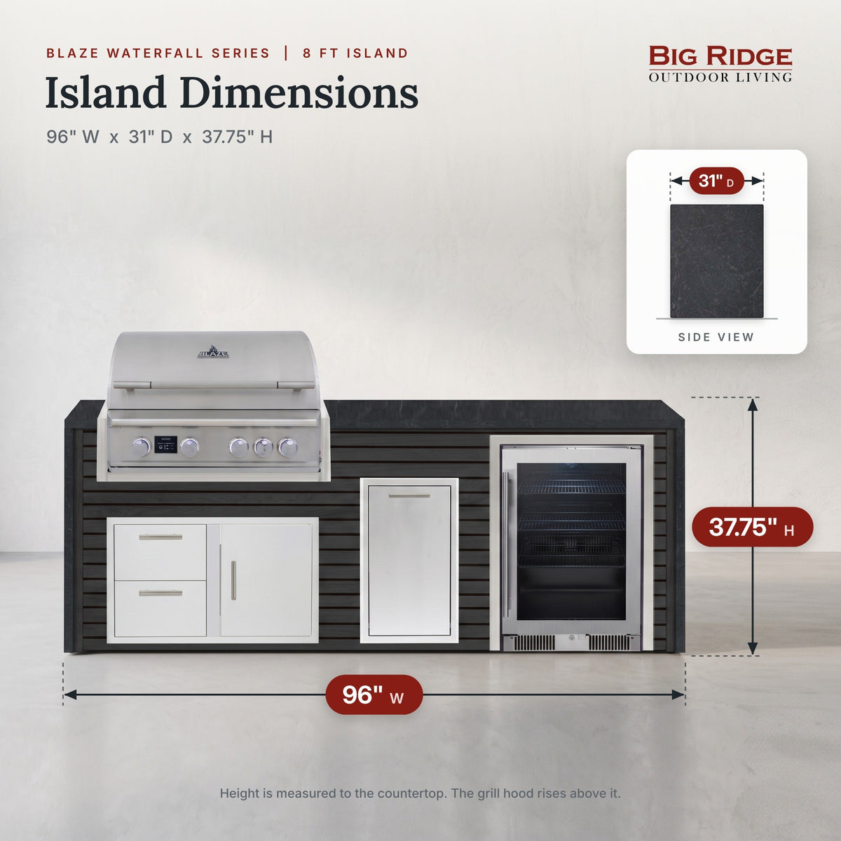 8 ft outdoor kitchen with cooler measures 96 inches wide, 31 inches deep and 37.75 inches high to the countertop
