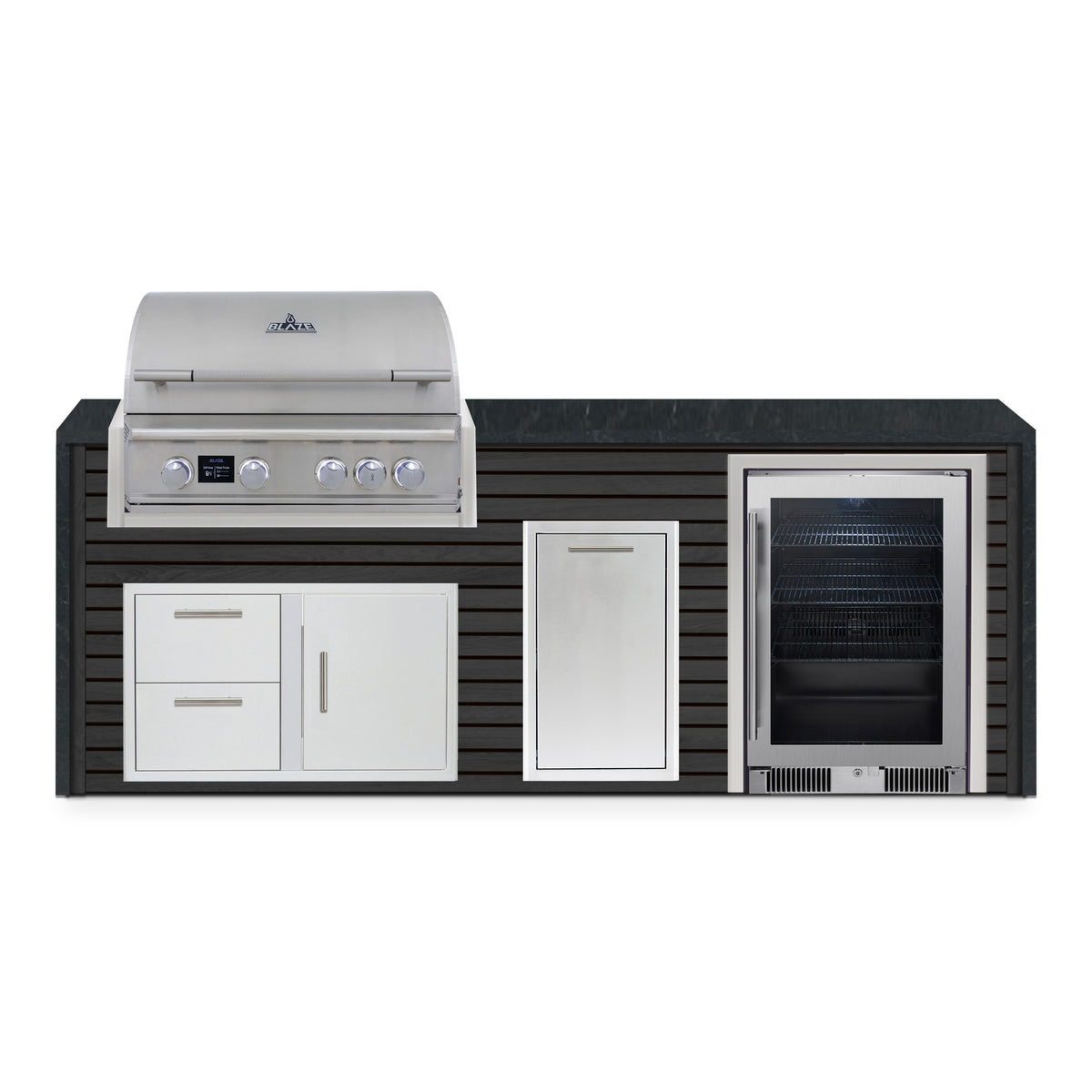 Front view of the Cindered Ash and Charred Onyx 8 ft island with Blaze grill, door and drawer combo, trash drawer and beverage cooler