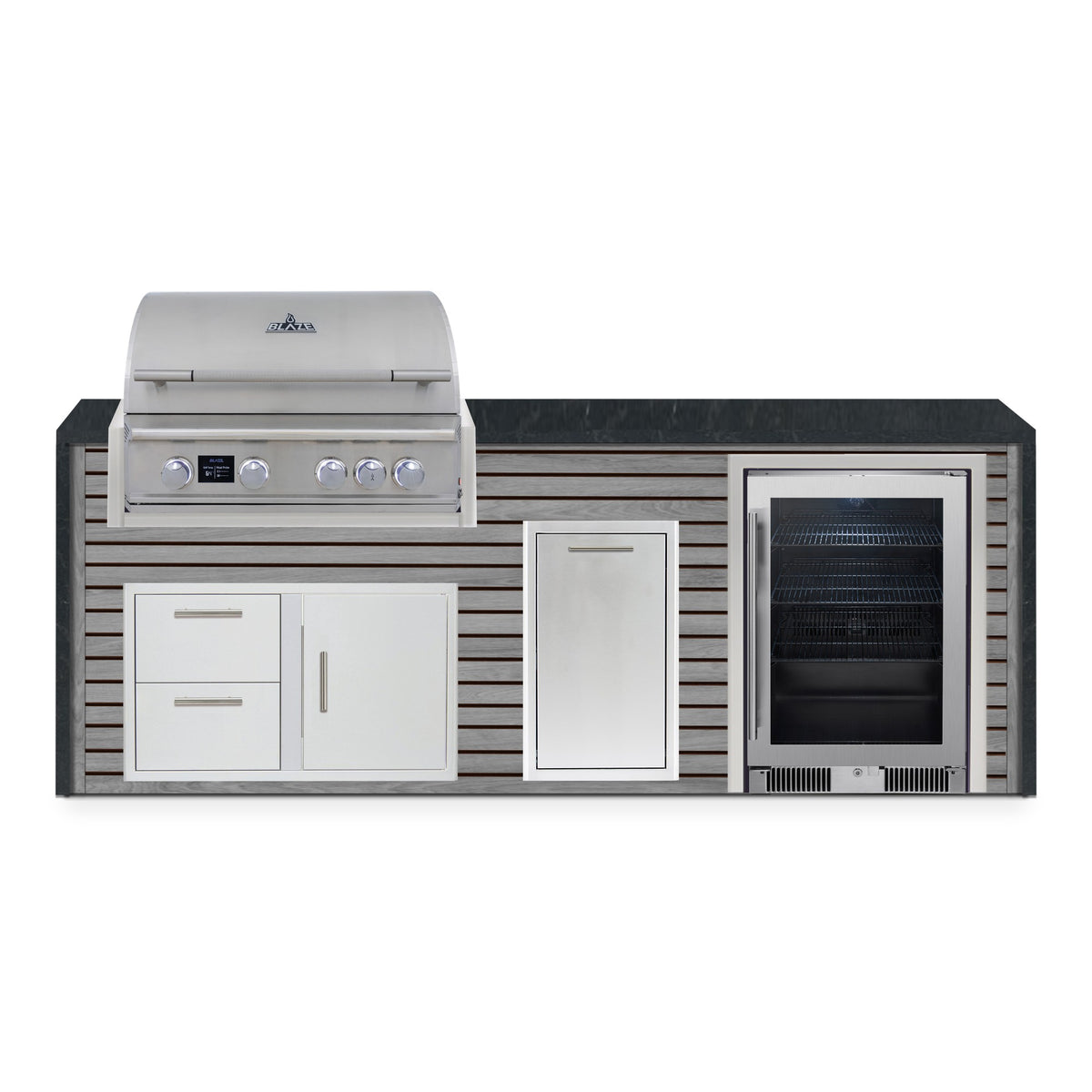 Front view of the Drifted Cypress and Charred Onyx 8 ft island with Blaze grill, door and drawer combo, trash drawer and beverage cooler