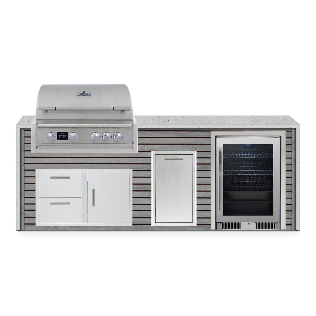 Front view of the Drifted Cypress and Frosted Ember 8 ft island with Blaze grill, door and drawer combo, trash drawer and beverage cooler