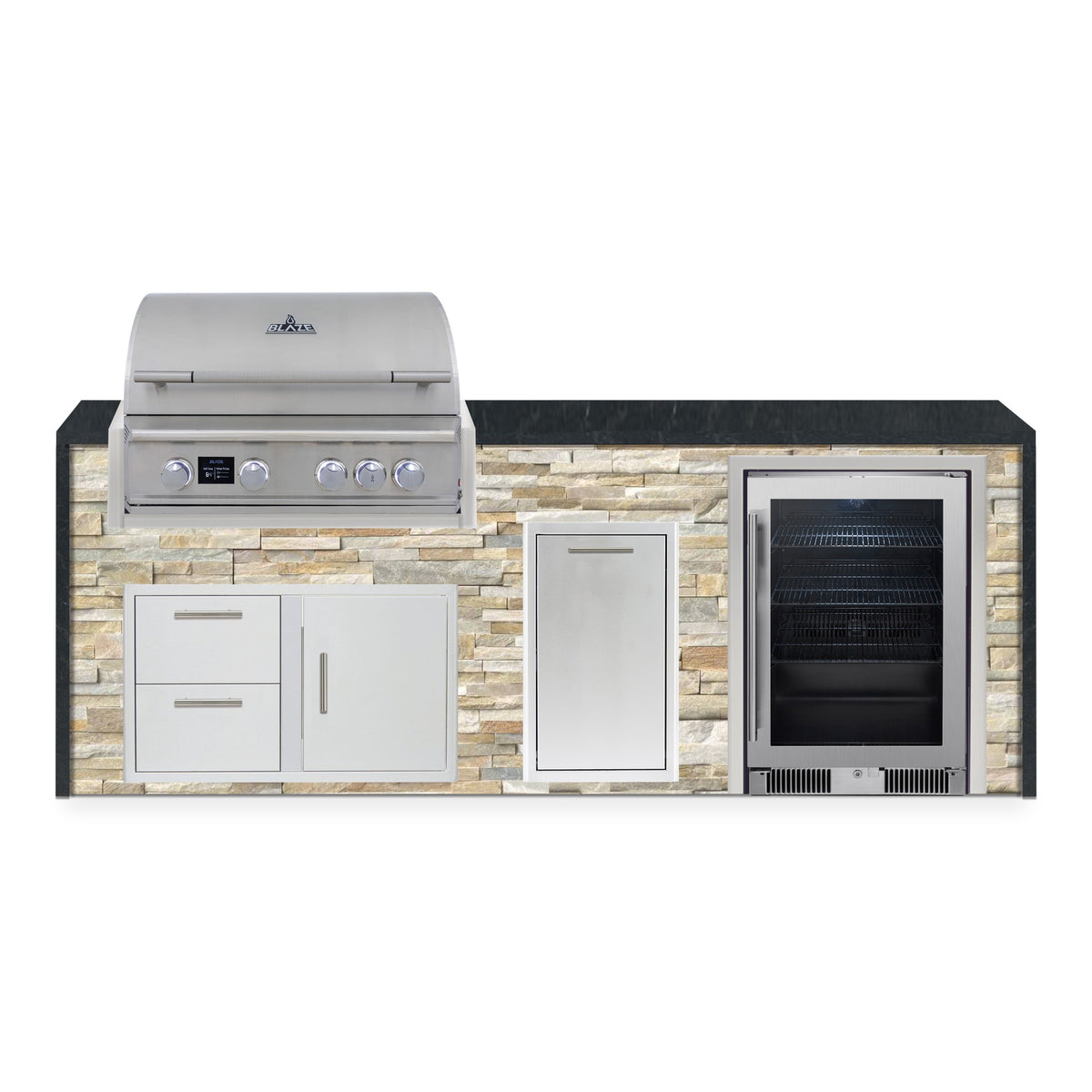 Front view of the Sunkissed Dune and Charred Onyx 8 ft island with Blaze grill, door and drawer combo, trash drawer and beverage cooler