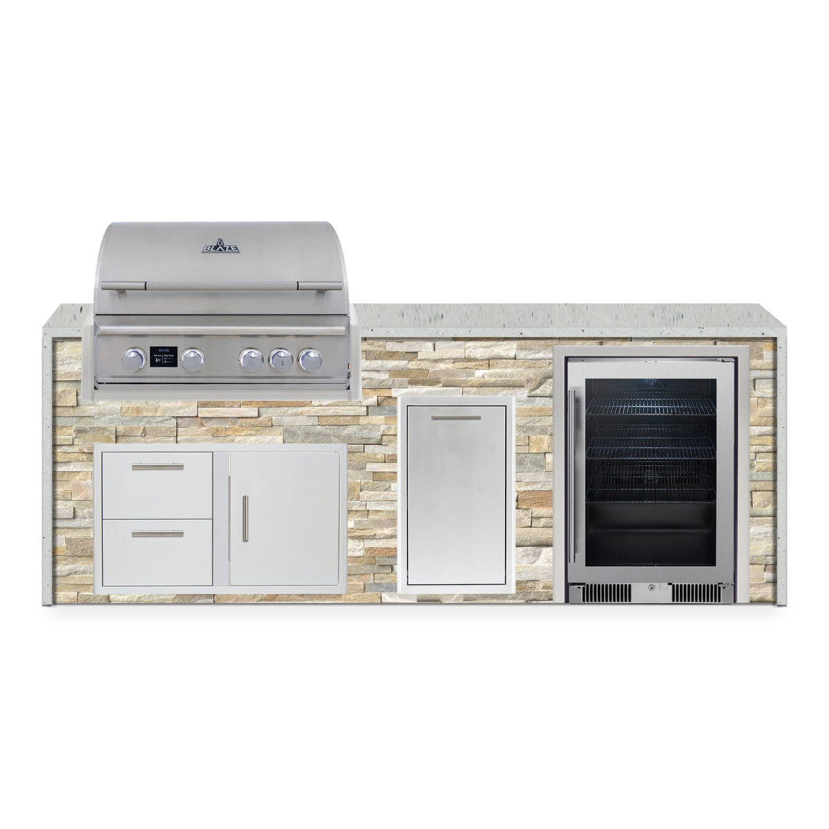 Front view of the Sunkissed Dune and Frosted Ember 8 ft island with Blaze grill, door and drawer combo, trash drawer and beverage cooler