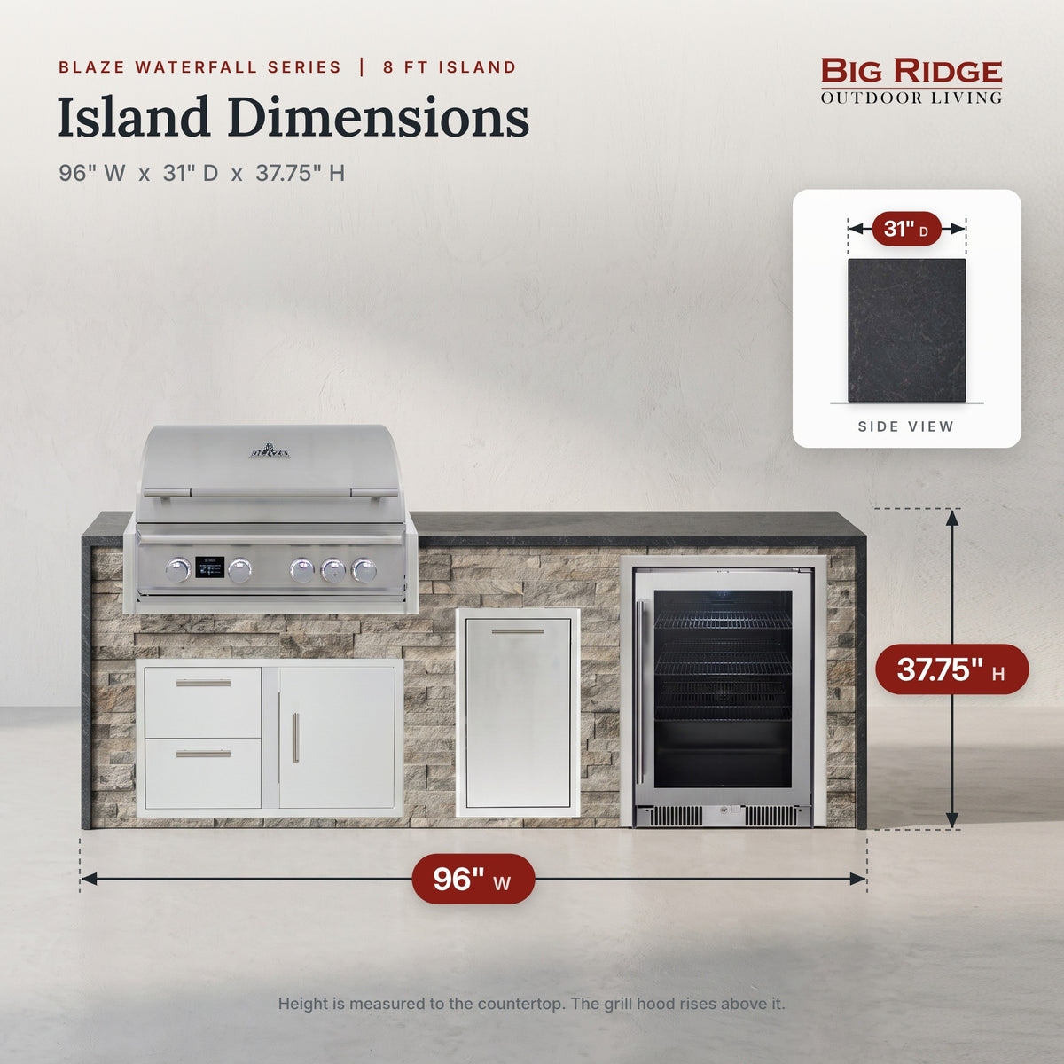 8 ft outdoor kitchen with cooler measures 96 inches wide, 31 inches deep and 37.75 inches high to the countertop
