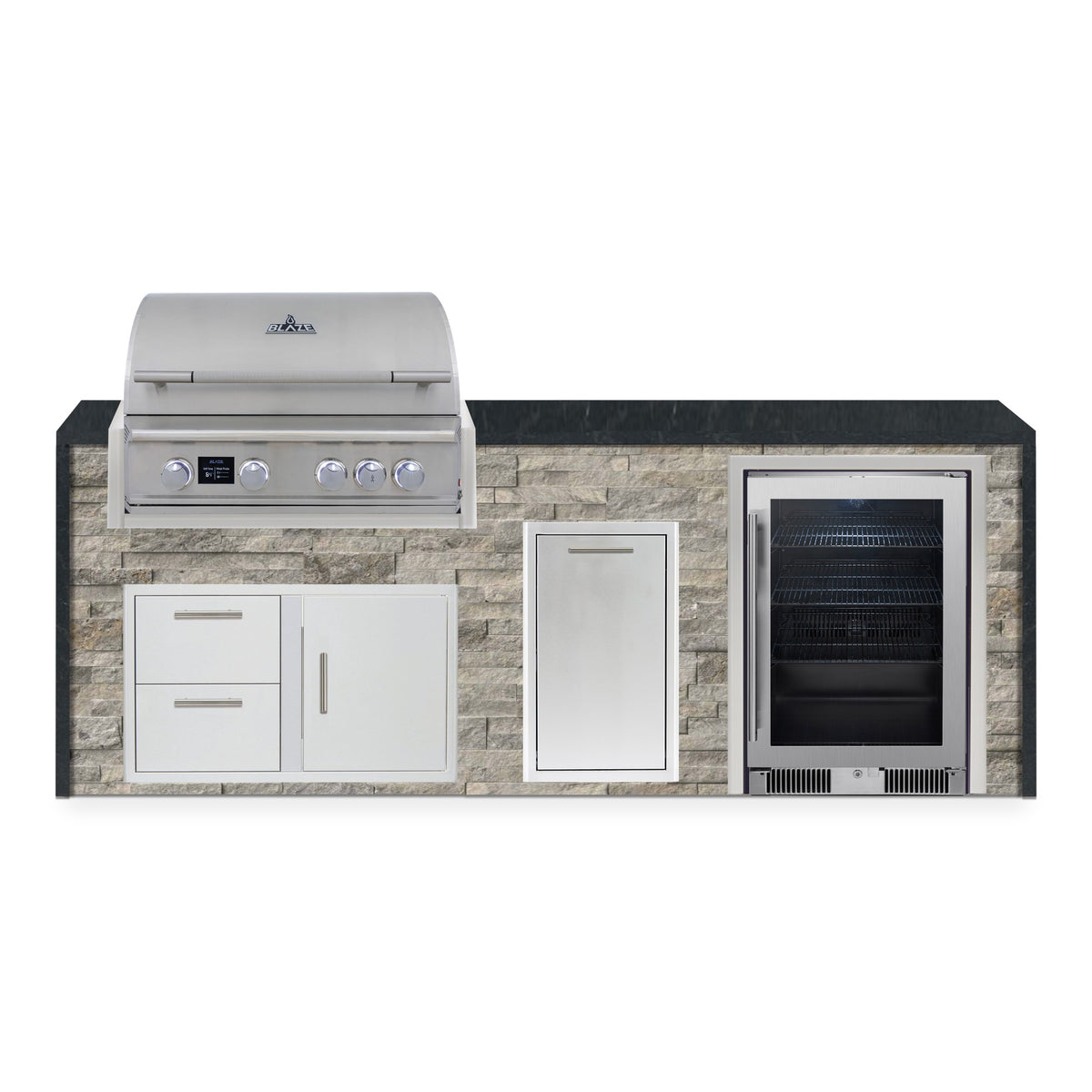 Front view of the Tuscan Hearth and Charred Onyx 8 ft island with Blaze grill, door and drawer combo, trash drawer and beverage cooler