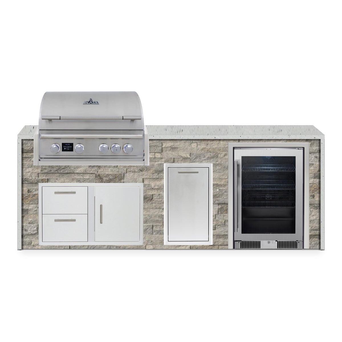 Front view of the Tuscan Hearth and Frosted Ember 8 ft island with Blaze grill, door and drawer combo, trash drawer and beverage cooler