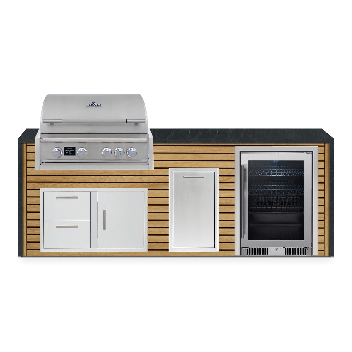 Front view of the Warmed Acacia and Charred Onyx 8 ft island with Blaze grill, door and drawer combo, trash drawer and beverage cooler