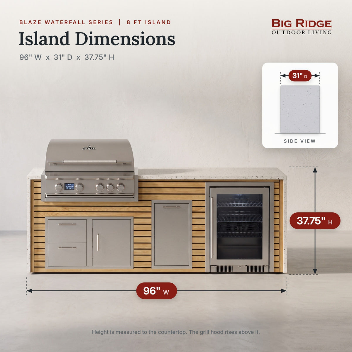 8 ft outdoor kitchen with cooler measures 96 inches wide, 31 inches deep and 37.75 inches high to the countertop