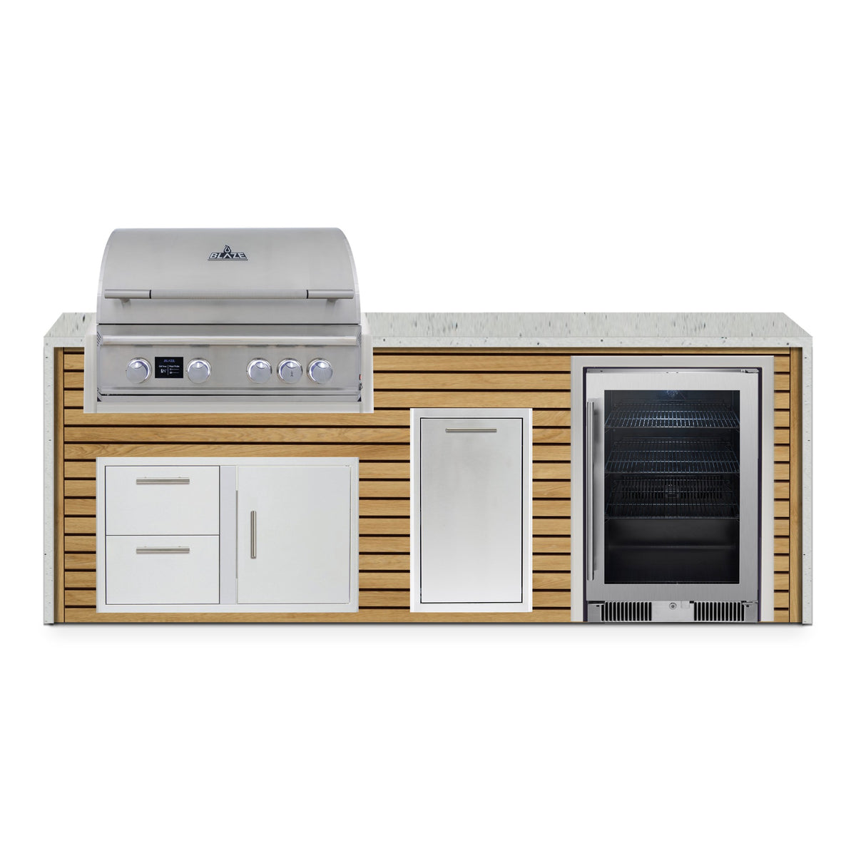 Front view of the Warmed Acacia and Frosted Ember 8 ft island with Blaze grill, door and drawer combo, trash drawer and beverage cooler