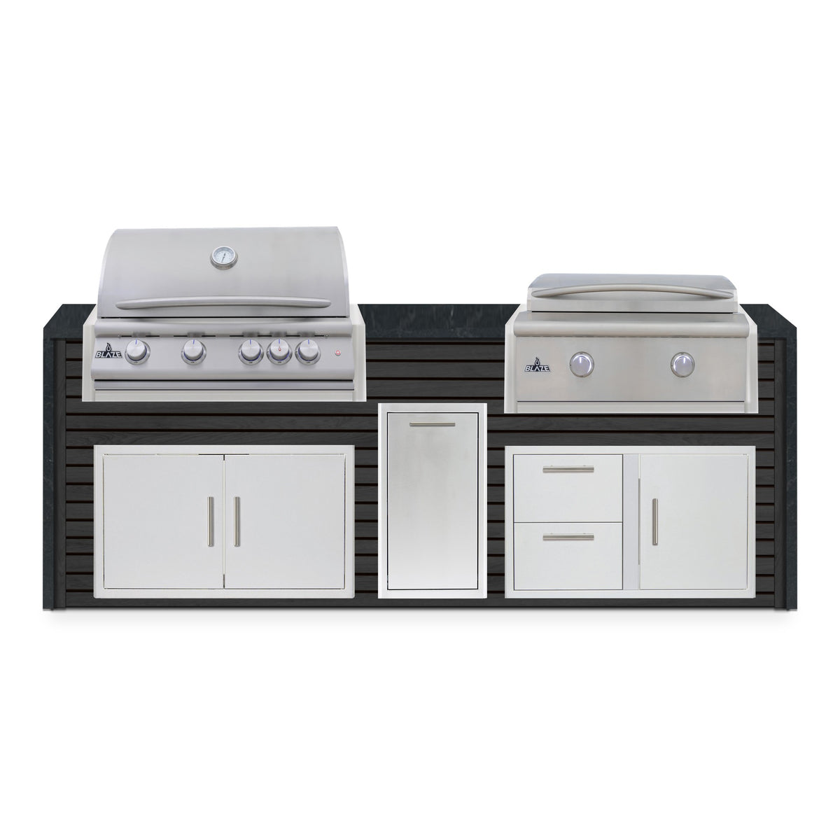 Front view of the Cindered Ash and Charred Onyx 8 ft island with Blaze grill and griddle over double doors, a trash drawer and a door and drawer combo