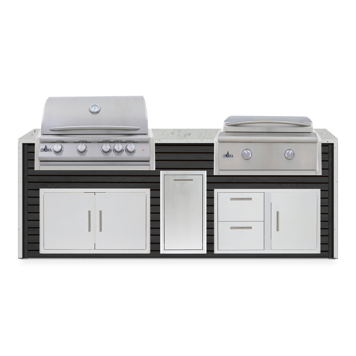 Front view of the Cindered Ash and Frosted Ember 8 ft island with Blaze grill and griddle over double doors, a trash drawer and a door and drawer combo