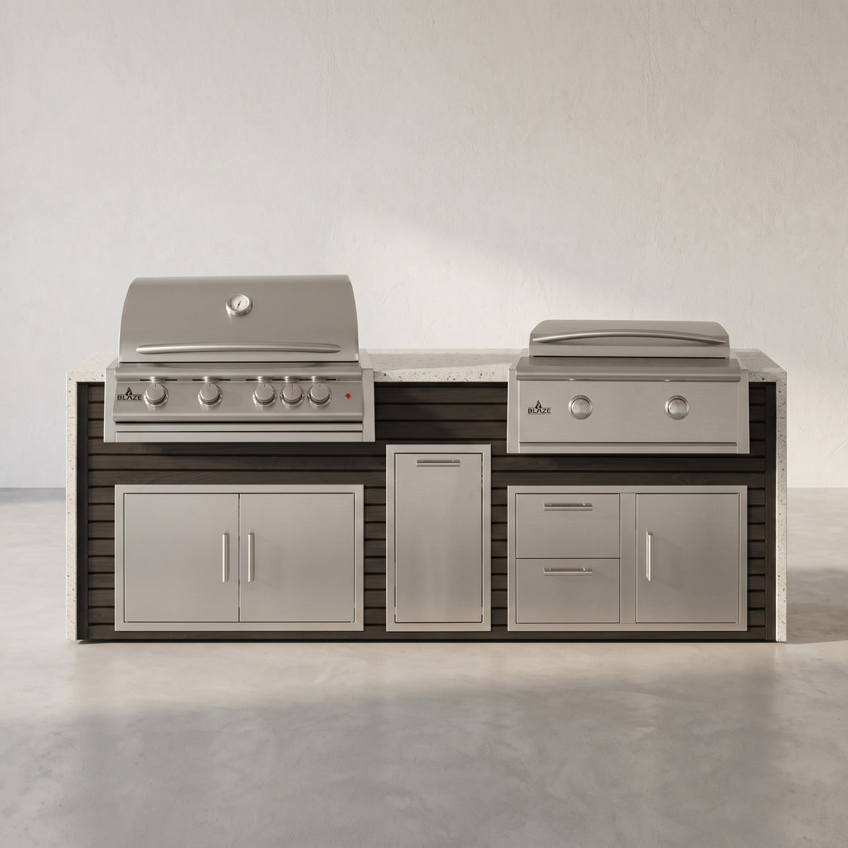 Big Ridge 8 ft Blaze waterfall outdoor kitchen with grill and griddle in Cindered Ash Artisan Plank with Frosted Ember granite