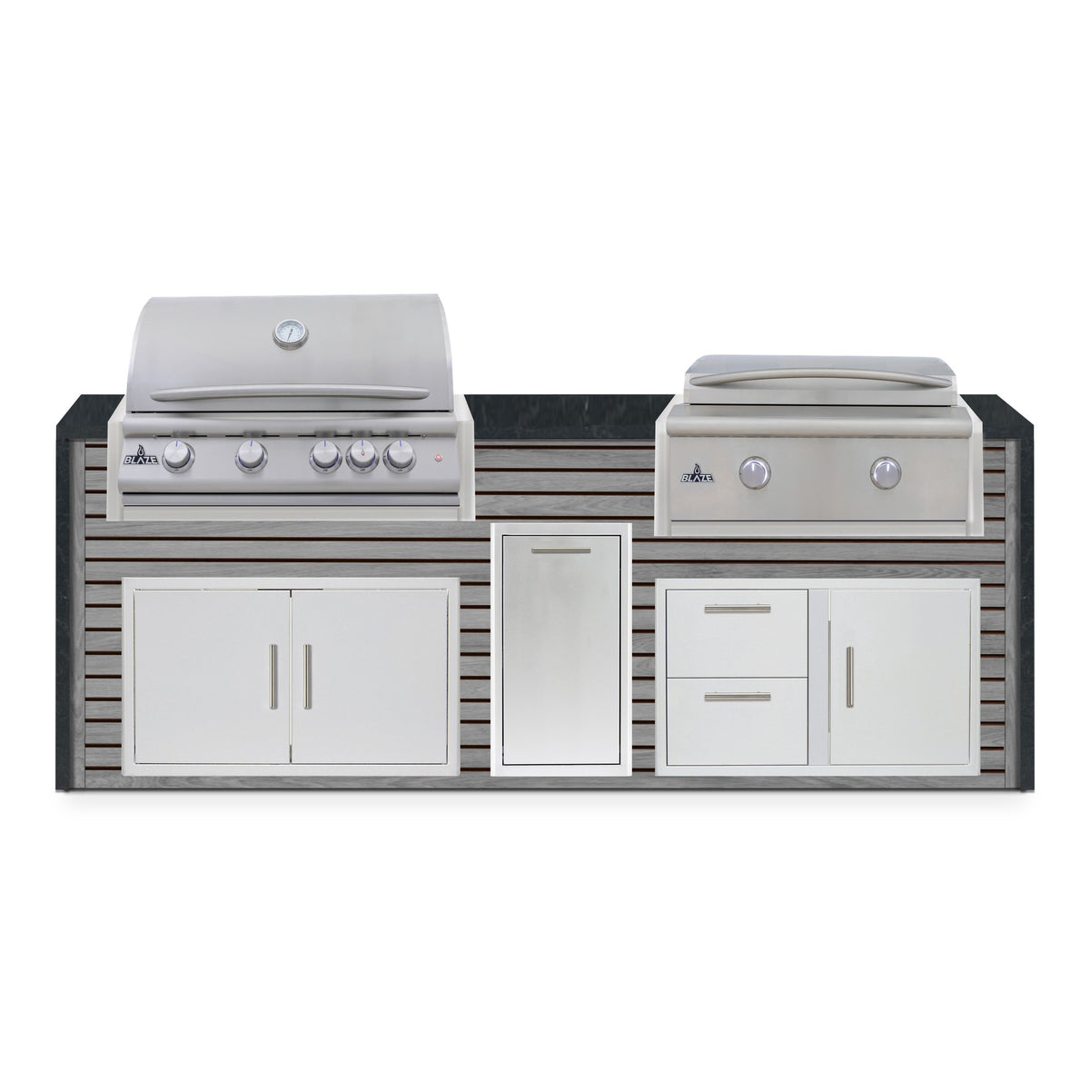 Front view of the Drifted Cypress and Charred Onyx 8 ft island with Blaze grill and griddle over double doors, a trash drawer and a door and drawer combo