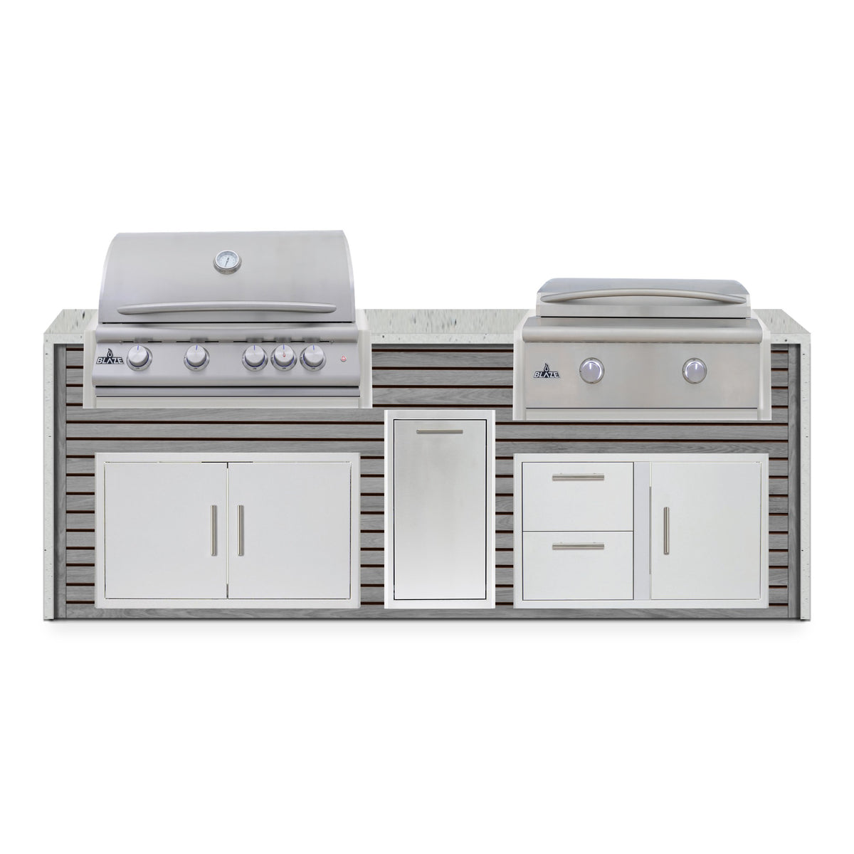 Front view of the Drifted Cypress and Frosted Ember 8 ft island with Blaze grill and griddle over double doors, a trash drawer and a door and drawer combo