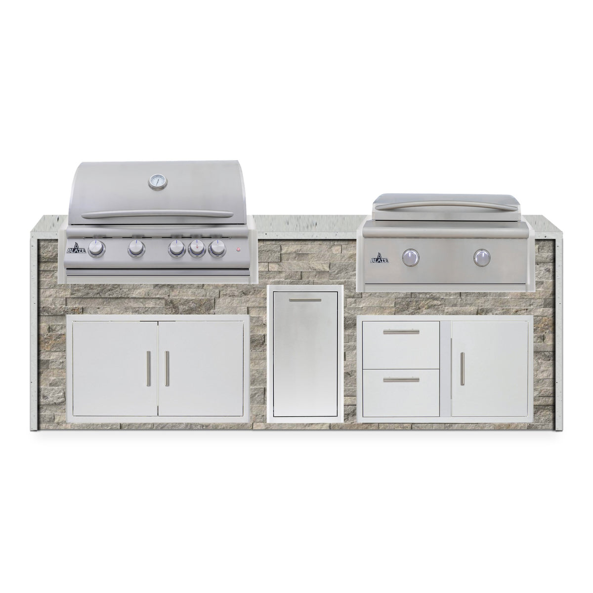 Front view of the Tuscan Hearth and Frosted Ember 8 ft island with Blaze grill and griddle over double doors, a trash drawer and a door and drawer combo
