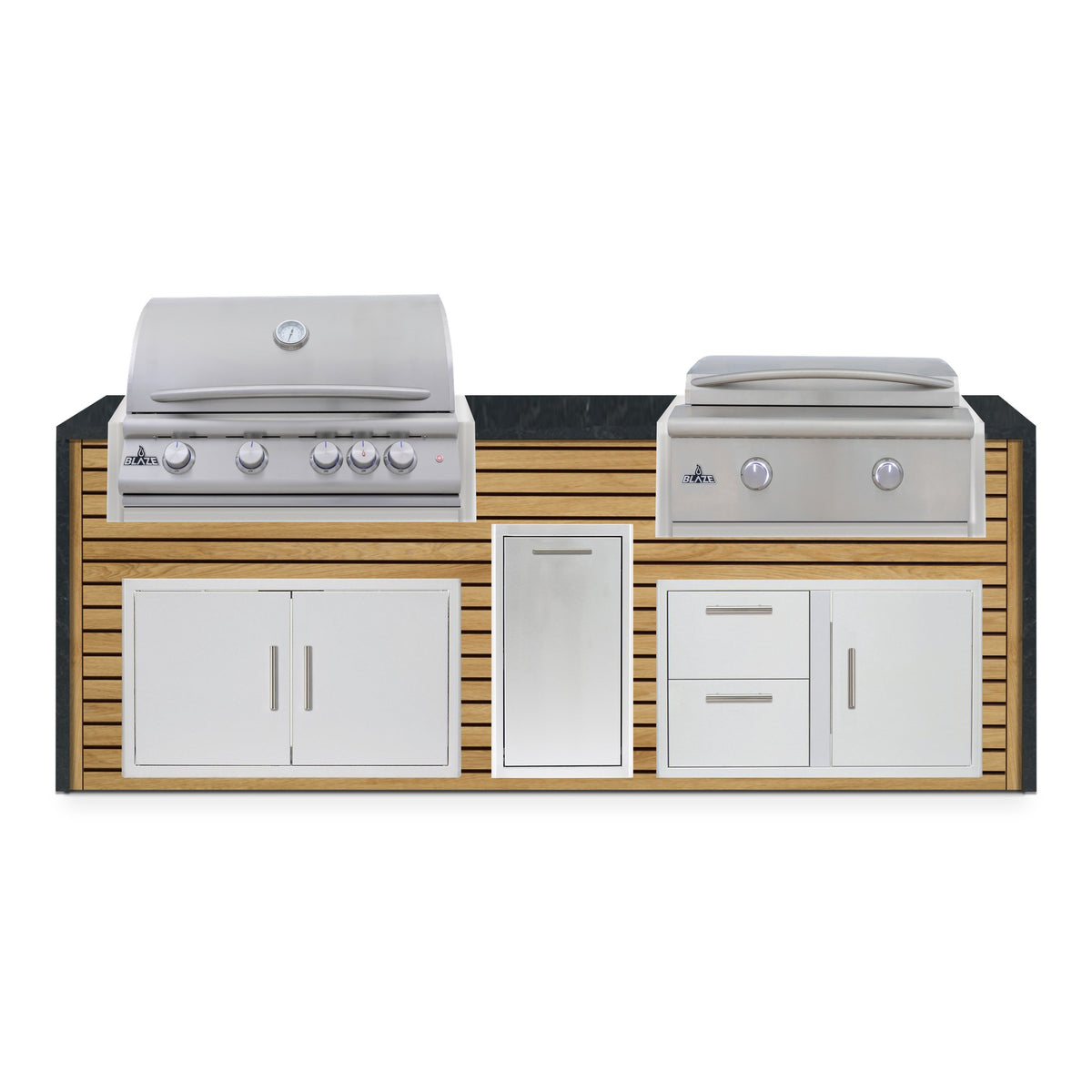 Front view of the Warmed Acacia and Charred Onyx 8 ft island with Blaze grill and griddle over double doors, a trash drawer and a door and drawer combo