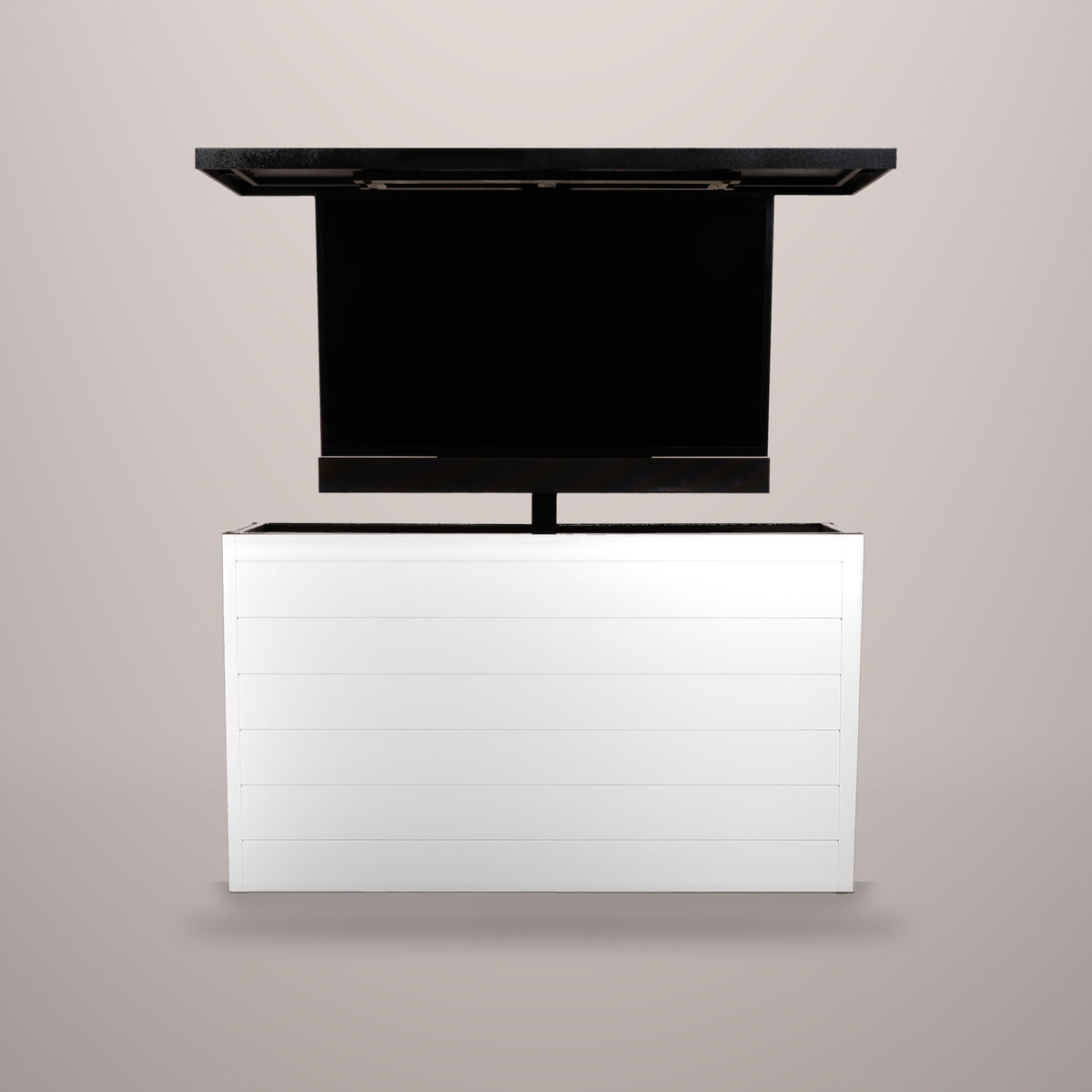 Alpine Crest 6 inch ArtisanPlank outdoor TV lift cabinet with the TV raised and a hammered black aluminum top