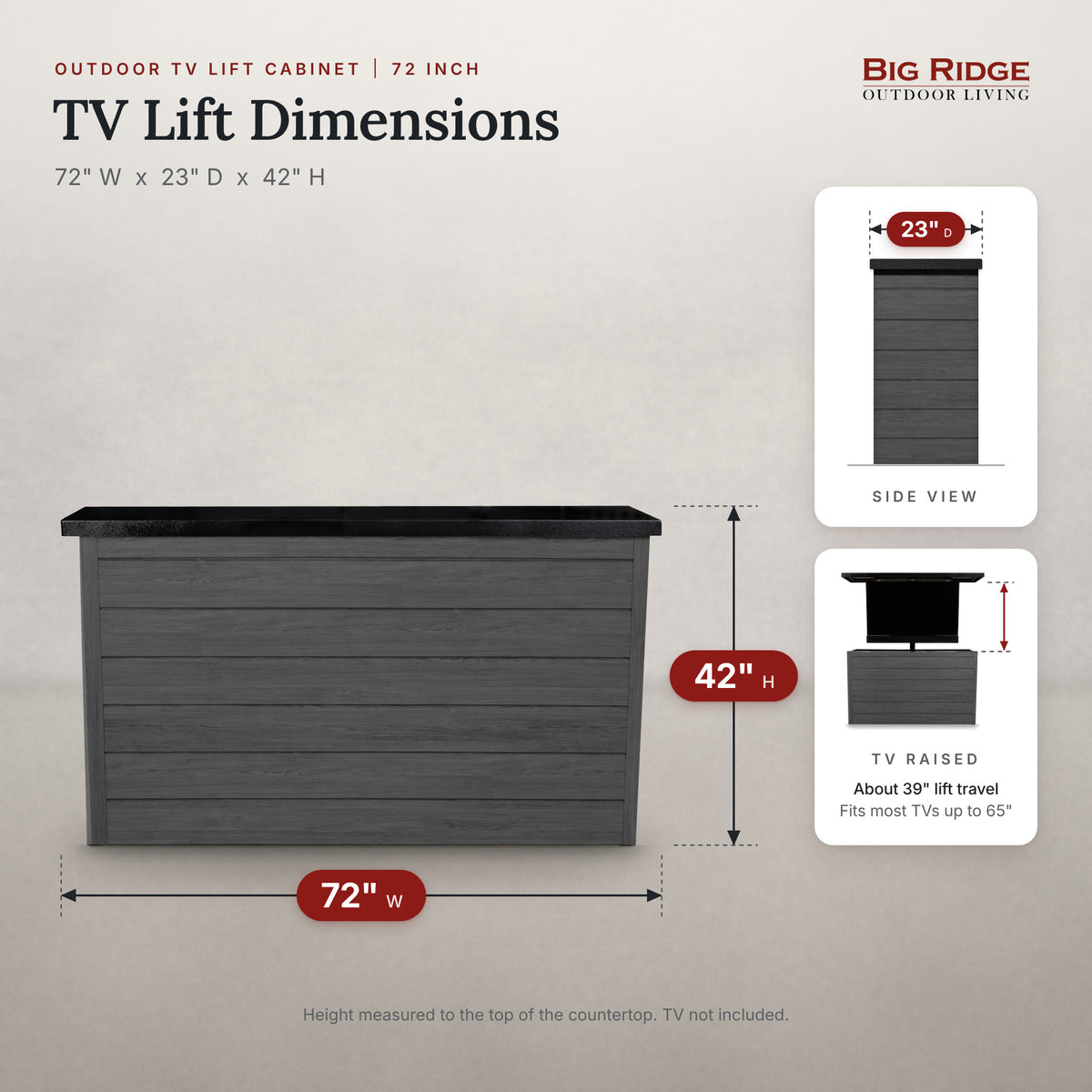 Cindered Ash 6 inch ArtisanPlank TV lift cabinet measures 72 inches wide, 23 inches deep and 42 inches high