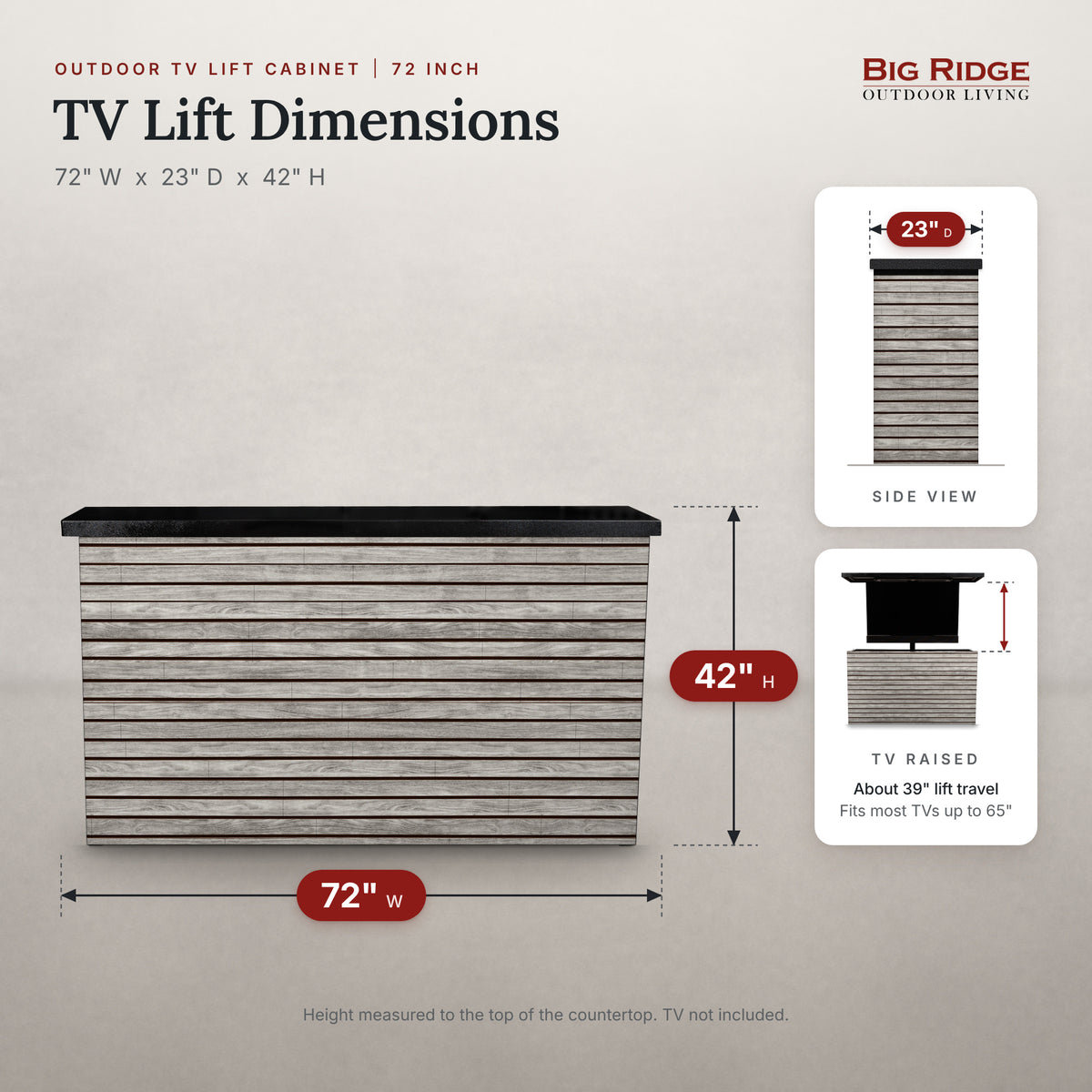 Drifted Cypress 2 inch horizontal ArtisanPlank TV lift cabinet measures 72 inches wide, 23 inches deep and 42 inches high