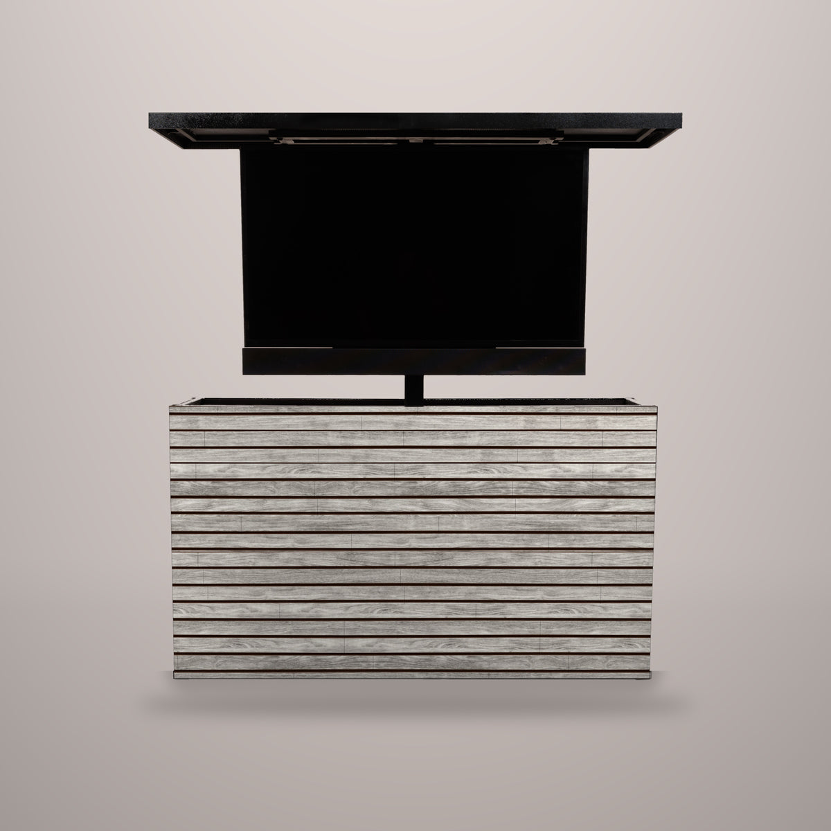 Drifted Cypress 2 inch horizontal ArtisanPlank outdoor TV lift cabinet with the TV raised and a hammered black aluminum top