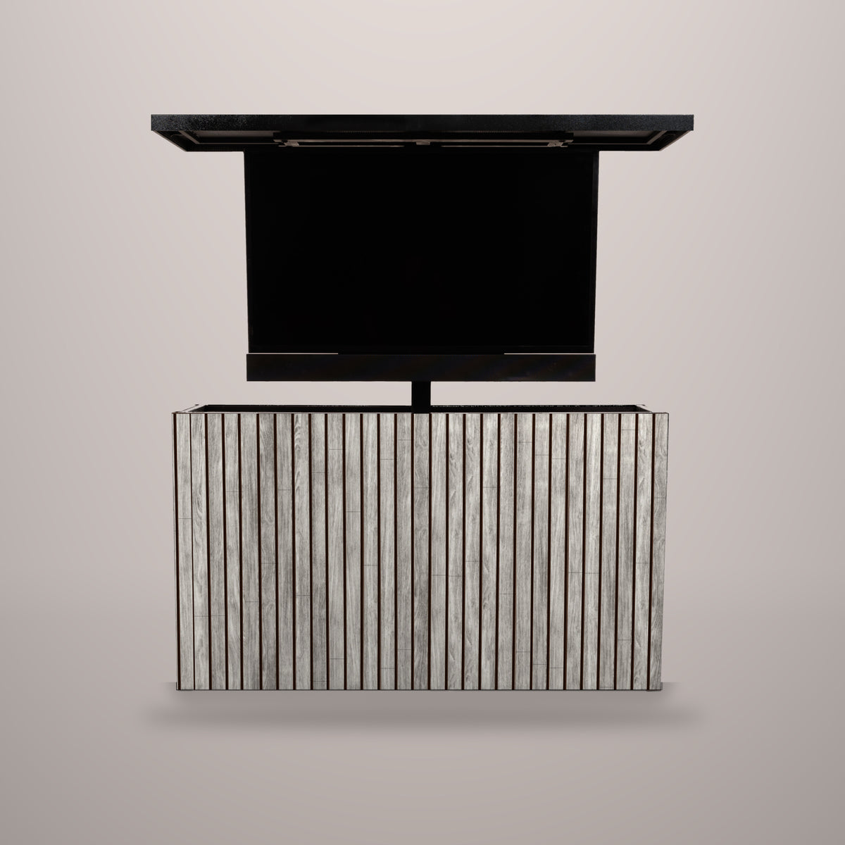 Drifted Cypress 2 inch vertical ArtisanPlank outdoor TV lift cabinet with the TV raised and a hammered black aluminum top