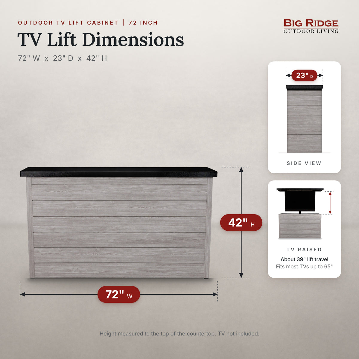 Drifted Cypress 6 inch ArtisanPlank TV lift cabinet measures 72 inches wide, 23 inches deep and 42 inches high