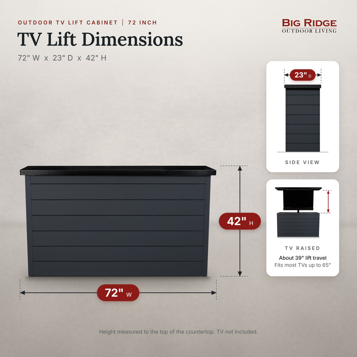 Midnight Graphite 6 inch ArtisanPlank TV lift cabinet measures 72 inches wide, 23 inches deep and 42 inches high