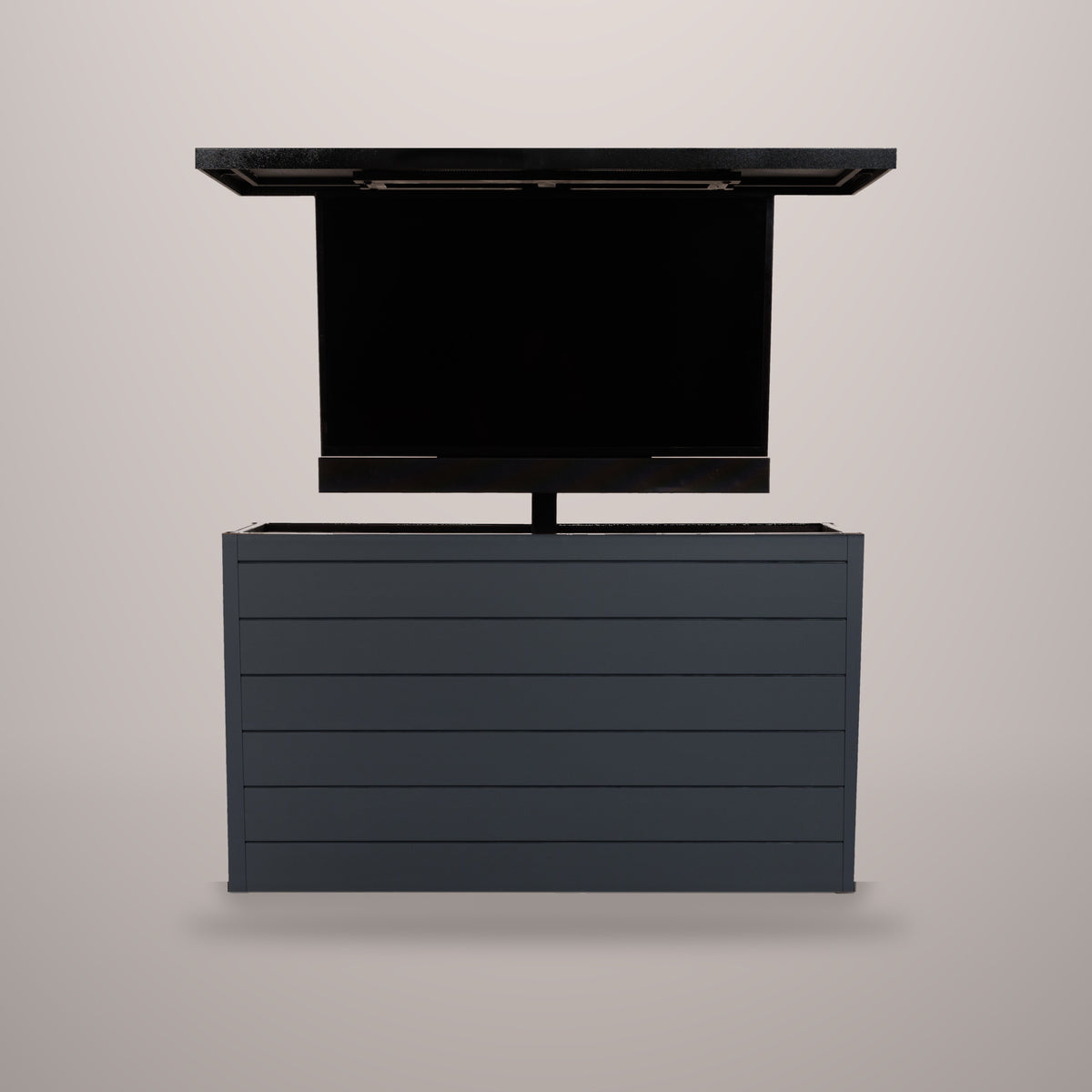 Midnight Graphite 6 inch ArtisanPlank outdoor TV lift cabinet with the TV raised and a hammered black aluminum top