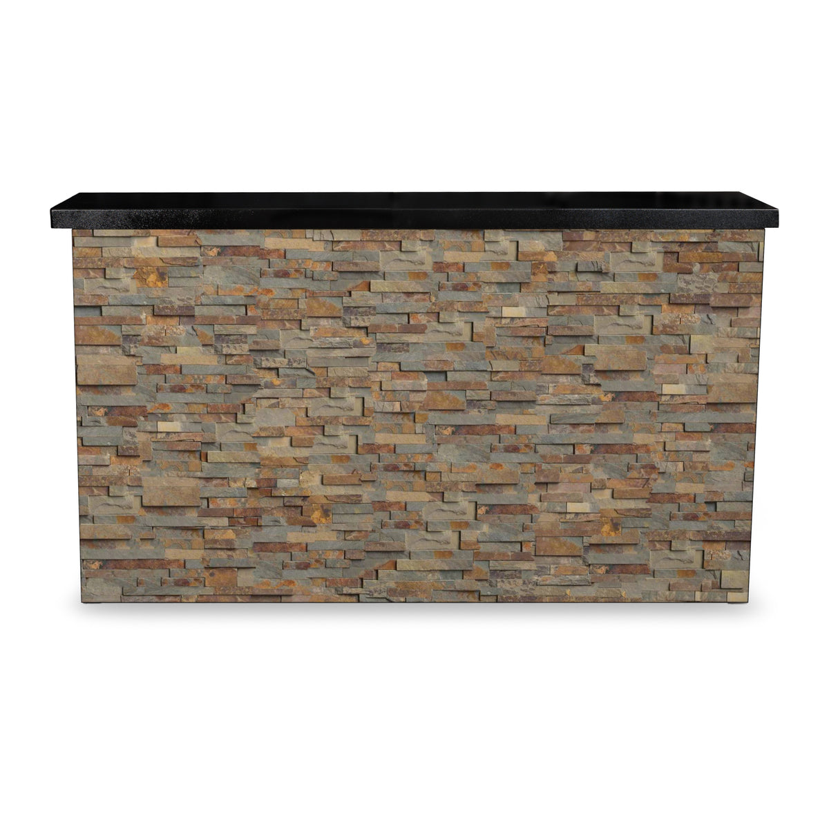 Front view of the Rustic Ash natural stacked stone TV lift cabinet with the TV lowered