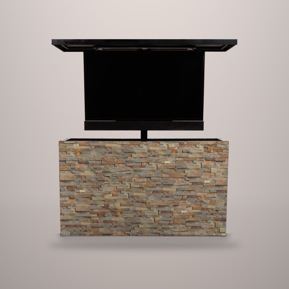 Rustic Ash natural stacked stone outdoor TV lift cabinet with the TV raised and a hammered black aluminum top