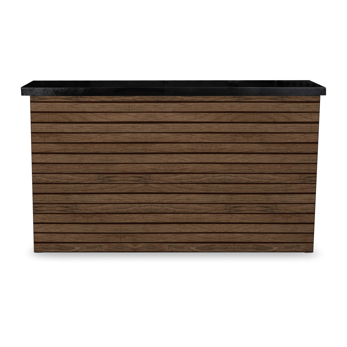 Front view of the Umbered Oak 2 inch horizontal ArtisanPlank TV lift cabinet with the TV lowered