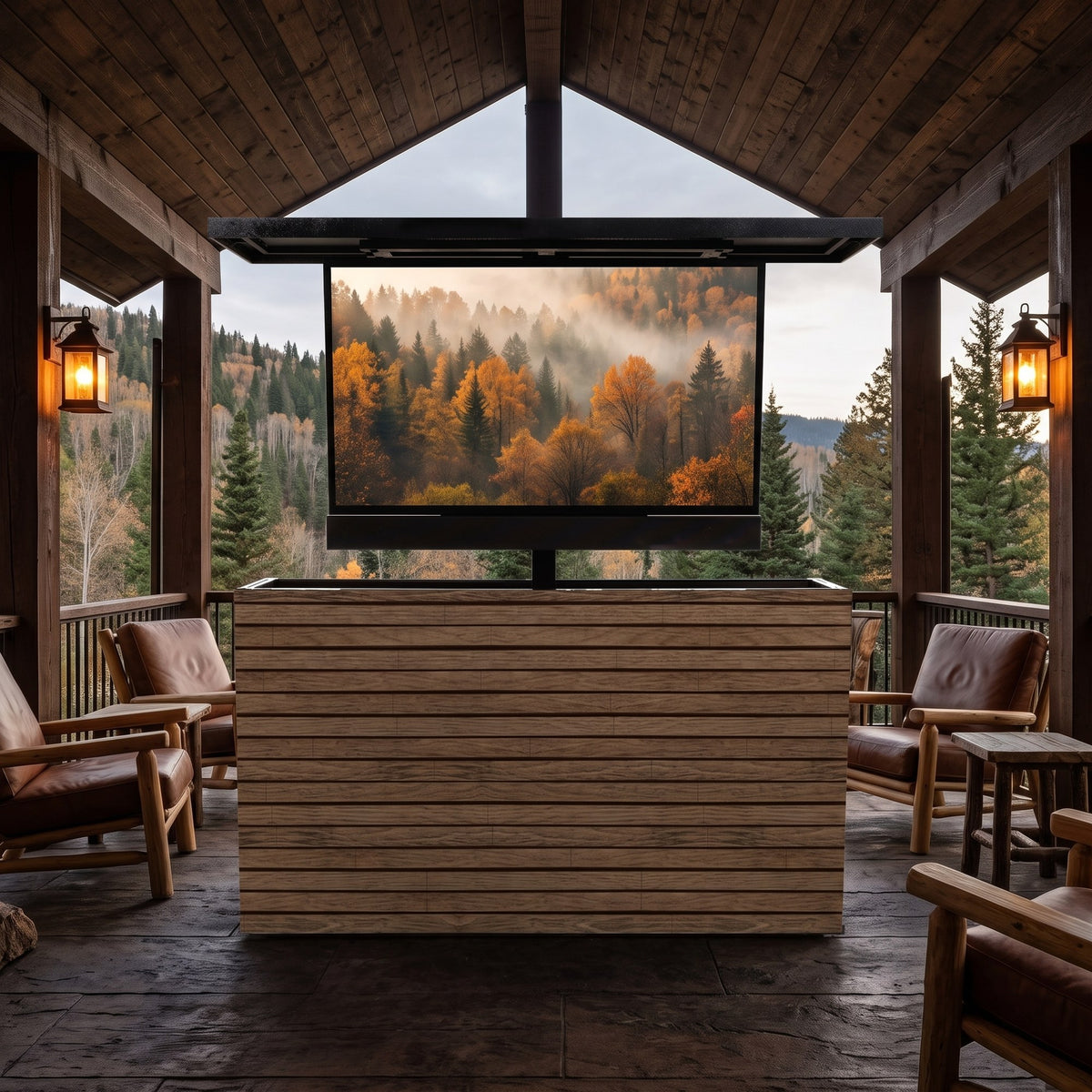 Umbered Oak 2 inch horizontal ArtisanPlank outdoor TV lift cabinet with the TV raised on a covered mountain lodge deck