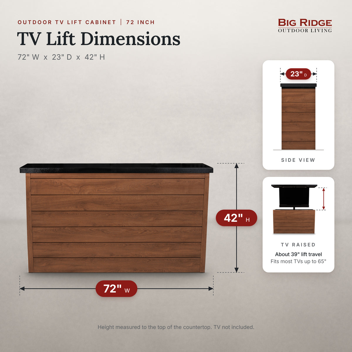 Umbered Oak 6 inch ArtisanPlank TV lift cabinet measures 72 inches wide, 23 inches deep and 42 inches high