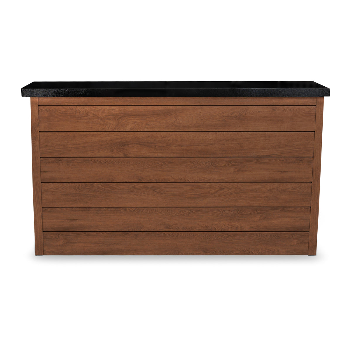 Front view of the Umbered Oak 6 inch ArtisanPlank TV lift cabinet with the TV lowered