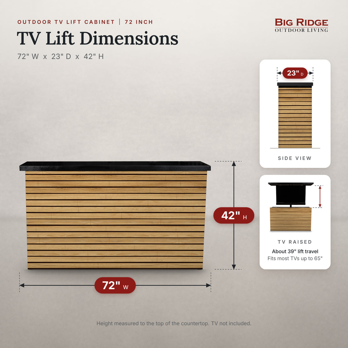 Warmed Acacia 2 inch horizontal ArtisanPlank TV lift cabinet measures 72 inches wide, 23 inches deep and 42 inches high